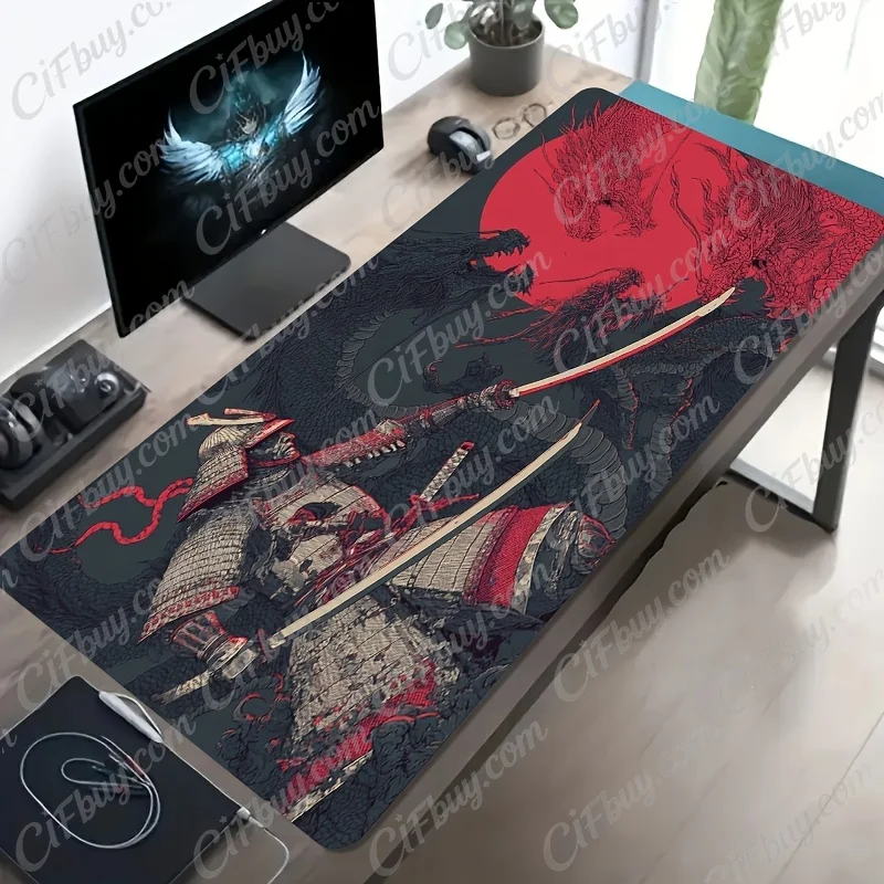 CIFbuy Large Samurai Armor Twin Dragon Red Moon Dark Style Gaming Mouse Pad Non Slip Washable Rubber Base Extended Desk Mat