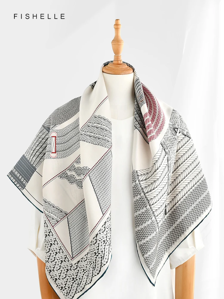 New Lady Style Beige Printed Natural Silk Square Scarf Women Spring Autumn Real Silk Scarves Adults Shawl Luxury Gifts