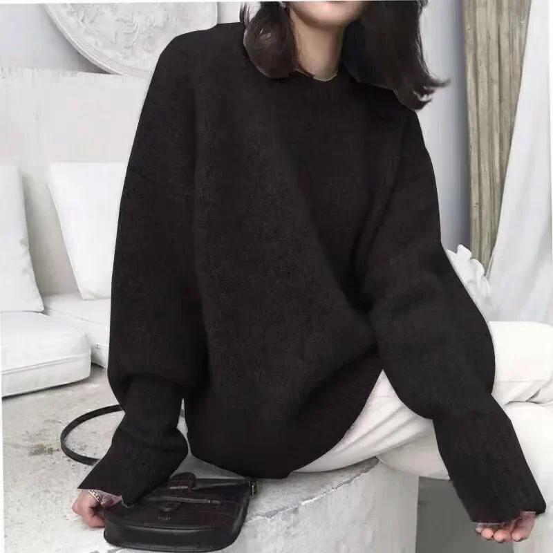 Pullover Women Top O-neck Minimalist Solid Color Knitted Sweater Fashionable Cardigan Female Clothing Spring Autumn Oversize