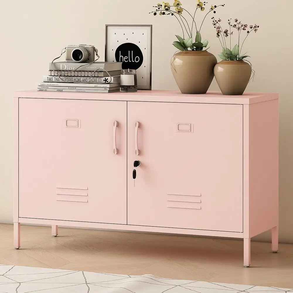 25.2" H Metal Locker Storage Cabinet with 2 Locks, Steel Low Lockerable Pink TV Stand with Adjustable Shelves, 2 Door Metal Acce