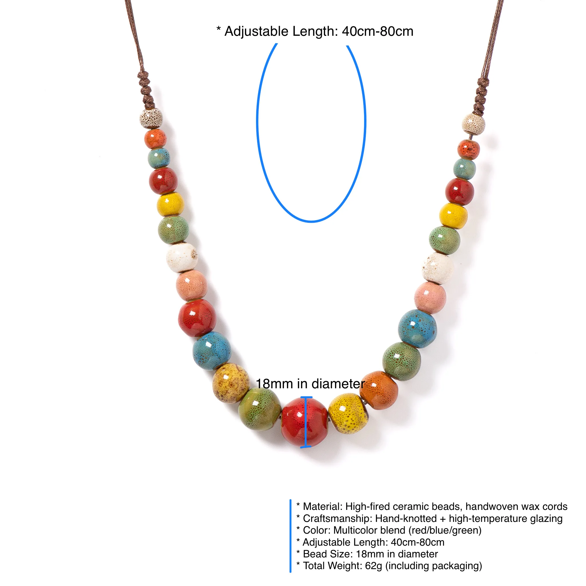 Multicolor Handmade Ceramic Necklace Adjustable 40-80cm, Bohemian Beaded Jewelry with 18mm Beads for Layering & Festivals 1128