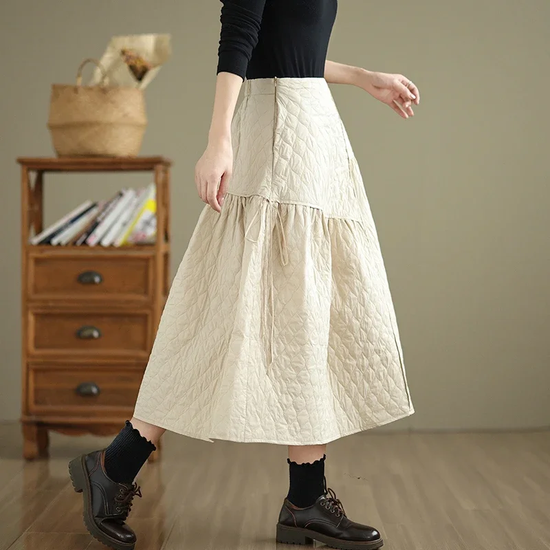 

2024 Winter New Hepburn Sle High Waist A-Line Skirt Women's F-length Rope Hanging Diamond Pattern Thiened Long Skirt