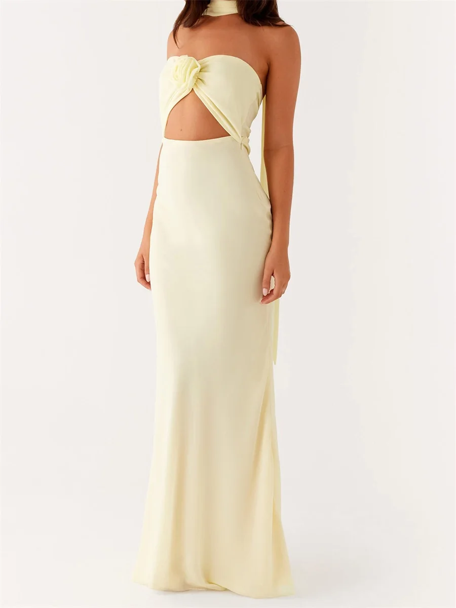 Abito a fascia da donna con stampa floreale con ritaglio sul davanti e sciarpa abbinata - Abito maxi estivo senza maniche con spalle scoperte