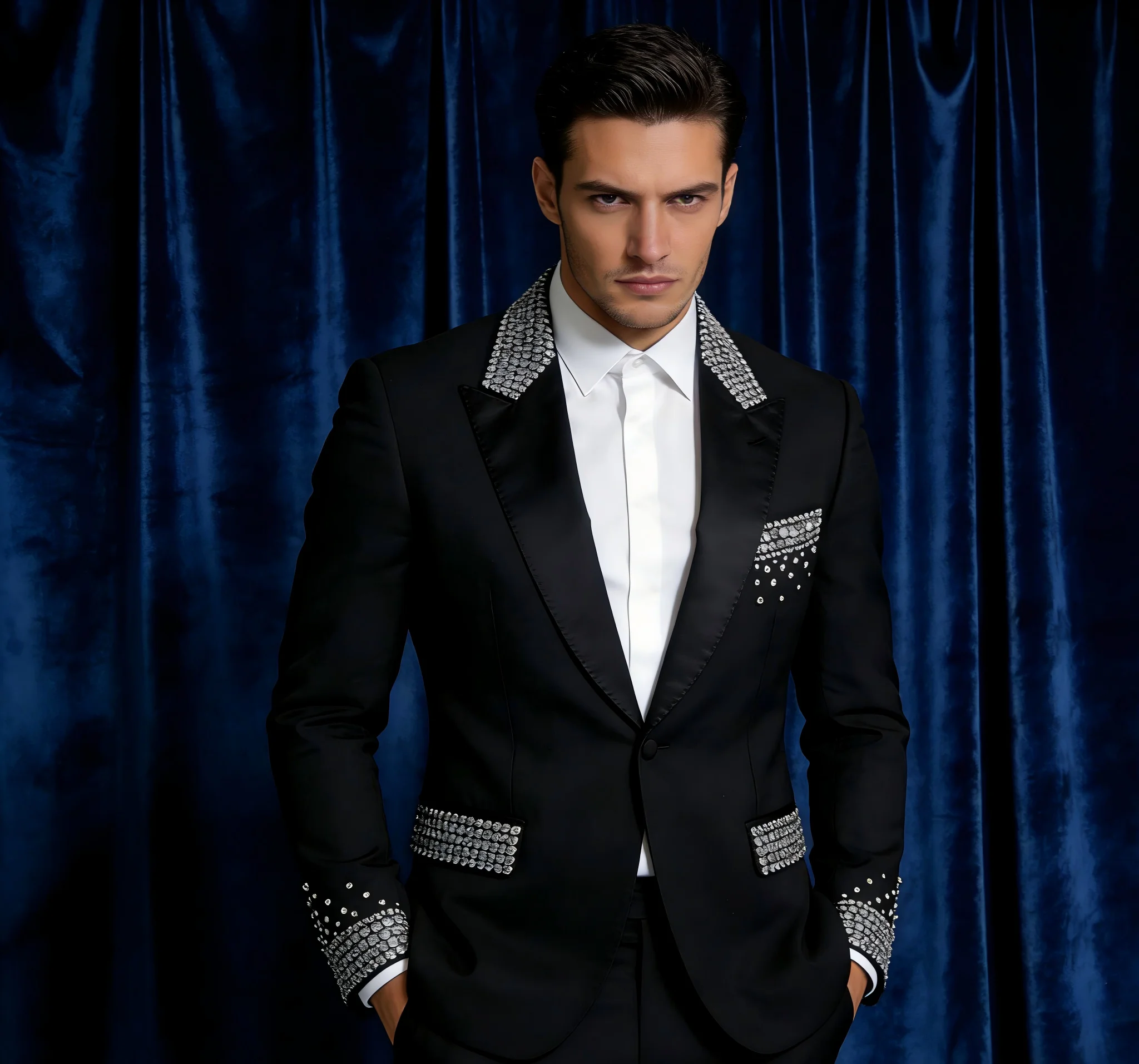 Luxury Slim Fit Men's Suit 2 Pieces One Button Beaded Crystals High Quality Groom Fashion for Wedding Formal Business Dinner Pro