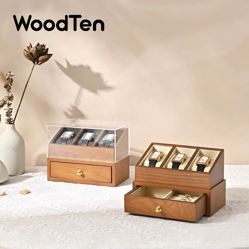 WoodTen 3 Griglie Scatola per orologi in legno Orologio a doppio strato Organizzatore di gioielli Scatola per orologi da polso Scatola per orologi con copertura antipolvere