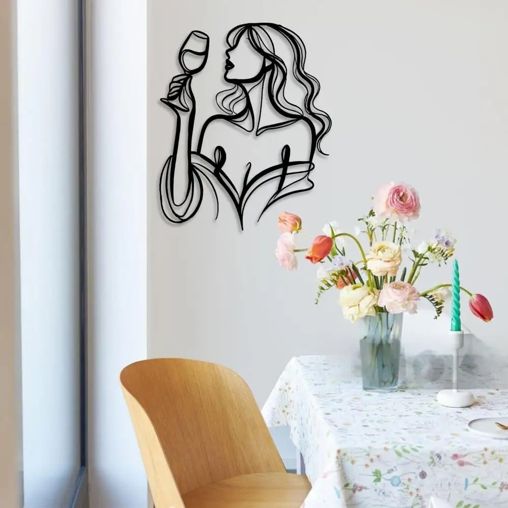 Schlanke schwarze Metall-Wandkunst „Wine Lady Line“, platzsparende abstrakte Wanddekoration, moderne Dekoration für kleine Apartments und Barwagen – Detail 4