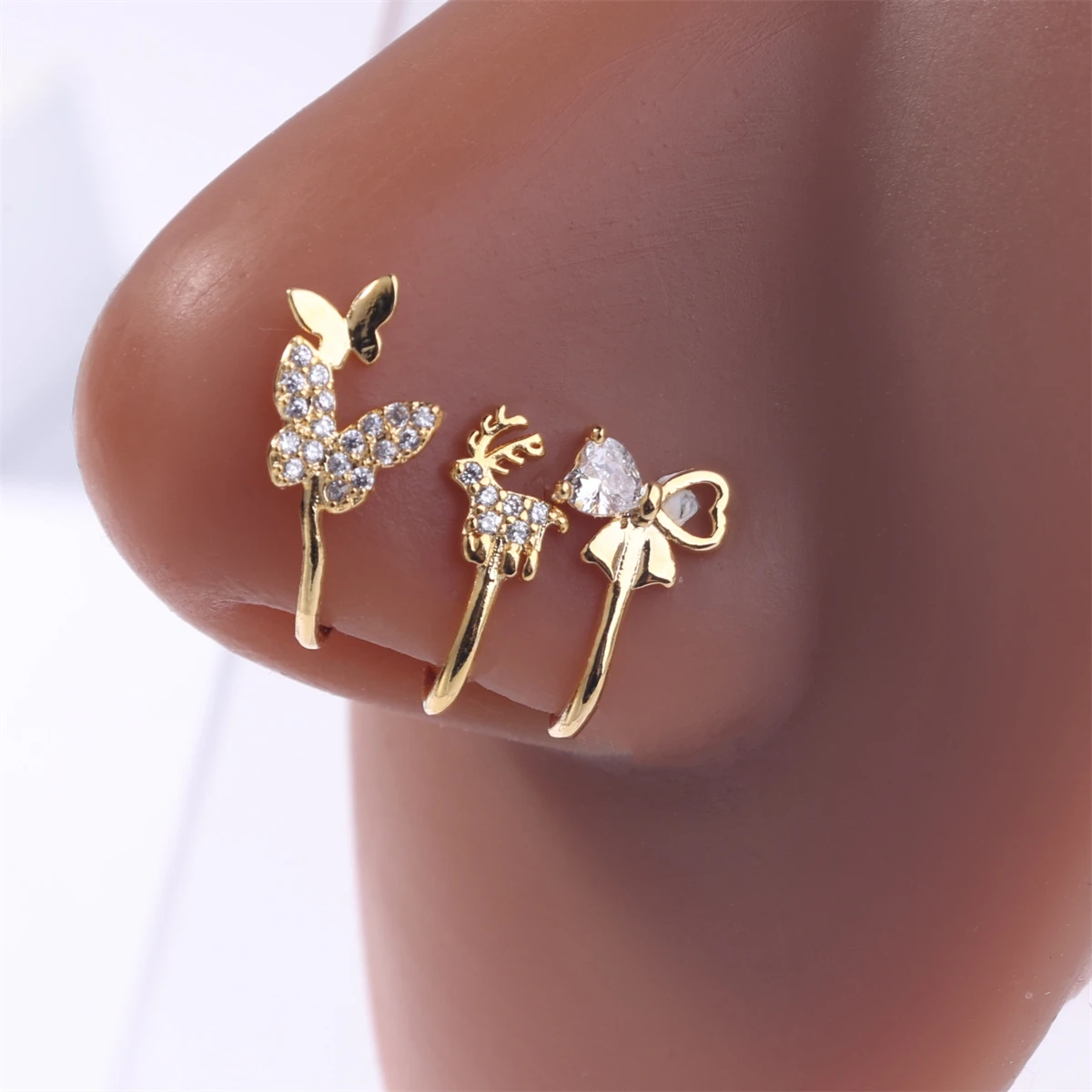 Women's Butterfly Fawn Bow Shape Nose Clip Artificial Crystal Zircon Fake Nose Ring Non Perforated Gift Wear Girl Jewelry