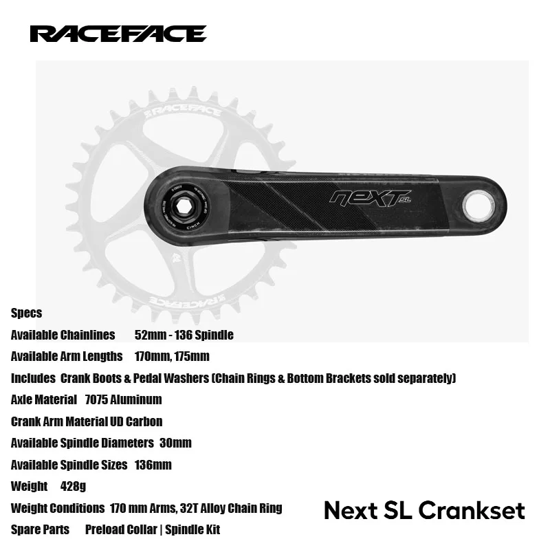 RACEFACE Next SL Crankset UD Carbon Crank Arm Material 7075 Aluminum Axle Material 170mm, 175mm Available Arm Lengths