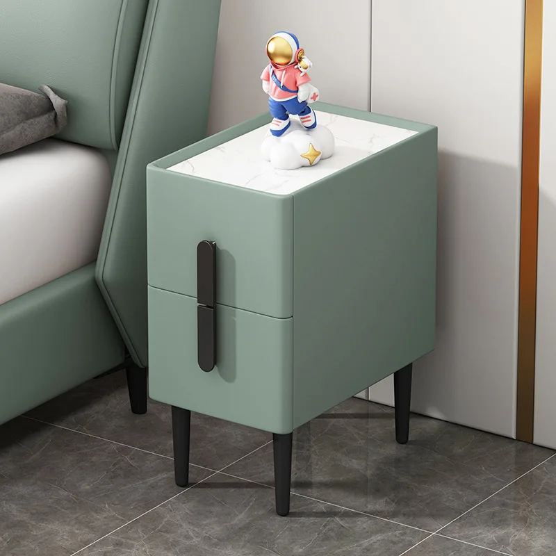 Modern Style Faux Leather 2 Drawer Bedside Table with Sintered Stone Top Solid Wood Bedroom Narrow Nightstand Storage Cabinet