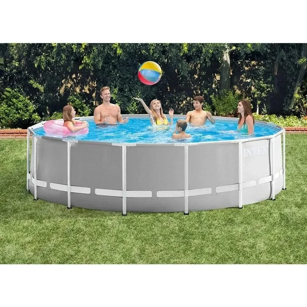 

15ft x 42in Outdoor Backyard Prism Round Above Ground Swimming Pool Set with Ladder, Filter Pump and Cover, Gray Swimming Pool