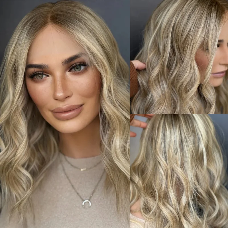 Small Large Size Cap Ombre Ash Blonde Synthetic HD Lace Front Wig with Roots Natural Preplucked Hairline 14 Inch Short Wave Bob