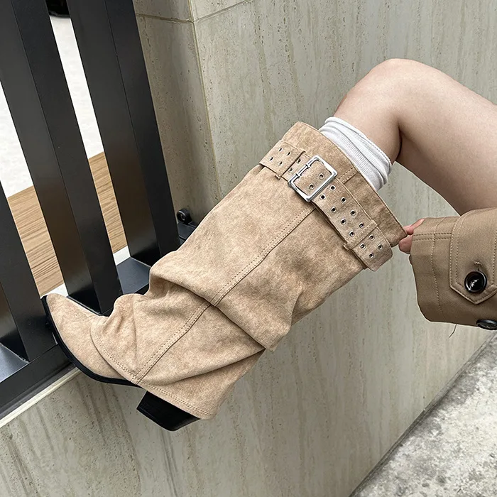 Plus Size Women's Mid-Calf Boots Autumn/Winter New Slip on Pointed Toe Chunky Heel Pants Boots Western Slouchy Block Heel Boots