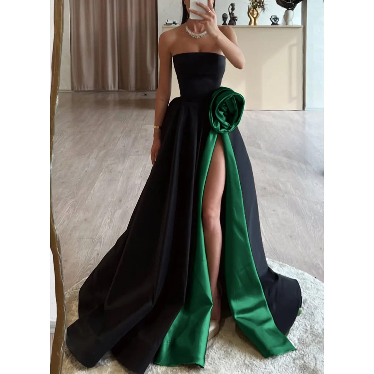 

High Quality Satin Strapless Ball Dress 3D Flower High Waist Side Split Evening Dress Elegant Women's Party Dress Custom