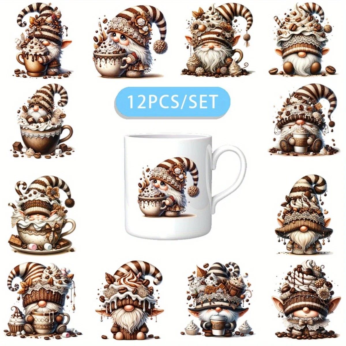 12PCS/SET Coffee Dwarf DIY Skinny Tumblers Wrap Decorative Transfer Paper UV DTF High Self-adhensive Wraps