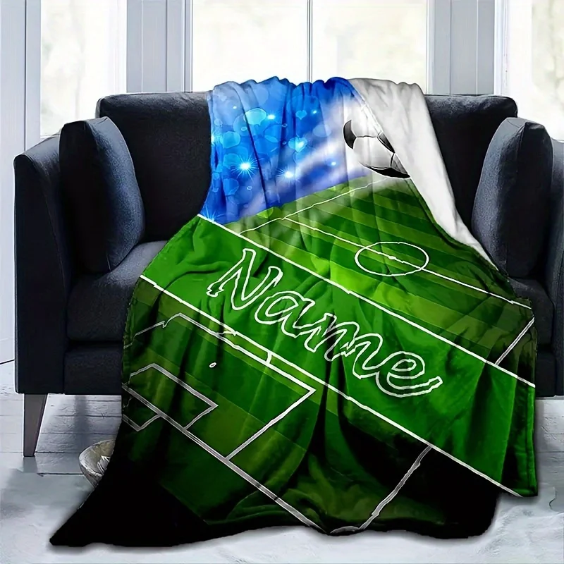 Customize 1pc Personalized Soccer Plush Blanket - Custom Name & Number, Soft Flannel Machine-Washable Throw for Sofa, Bed, Trave