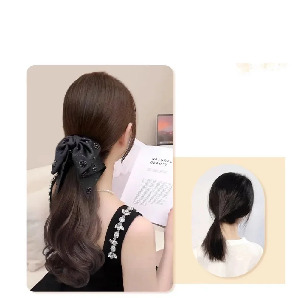 Wig sintetis pita simulasi simpul pita puffy keriting ambil klip Wig ekor kuda hiasan kepala wanita ekstensi 40CM