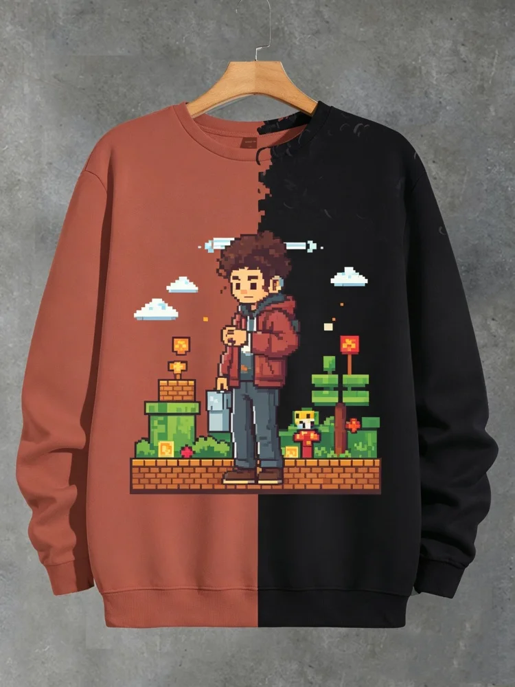 Men's Pixel Art Sweatshirt Retro Game 8-bit Print Color Block Design Loose Fit Crewneck Pullover