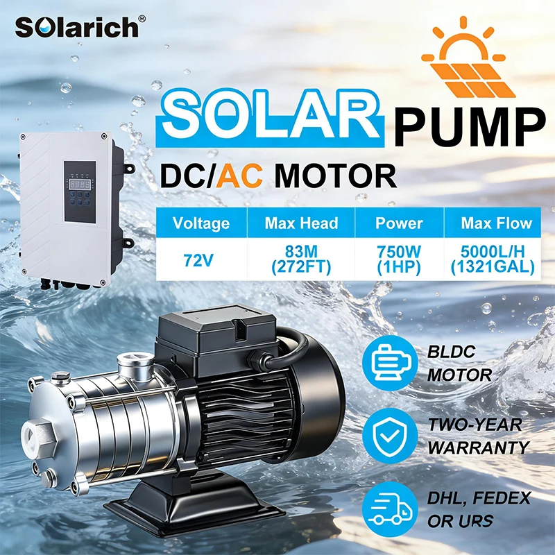 

AC/DC Solar Surface Pump Stainless Steel 304 Impeller Brushless 72V Motor 1HP For Agiculture Farming Irrigation