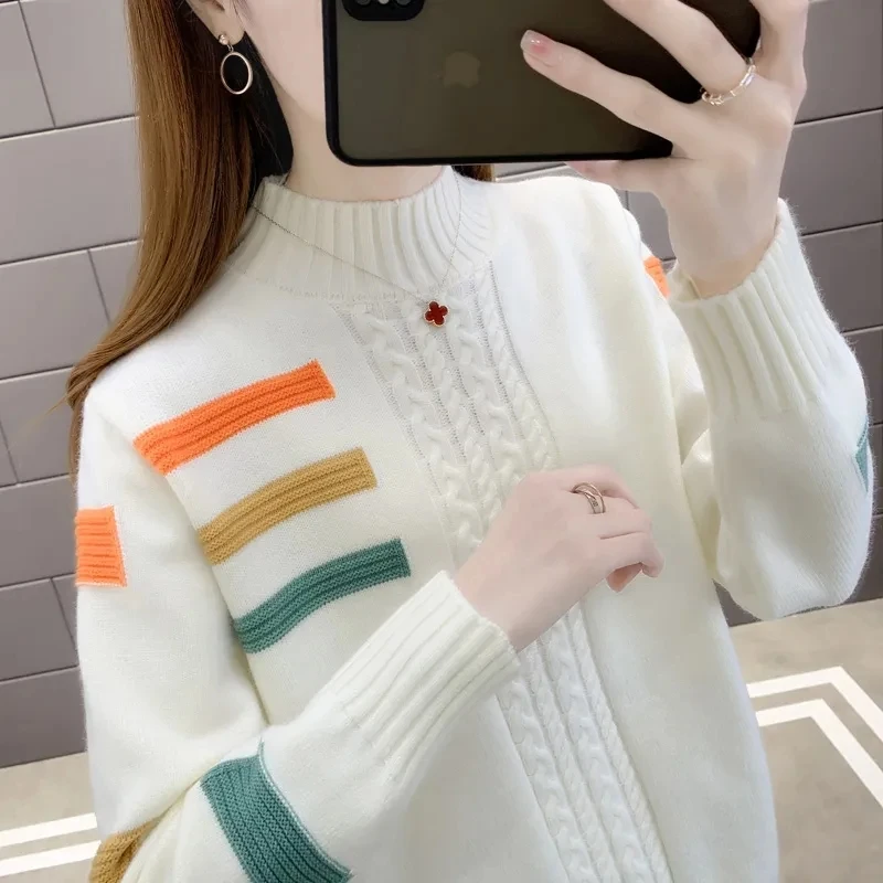 Autumn Winter Women Sweater Pullovers 2023 New Patchwork Half High Collar Knitted Sweater Jumper Casual Female Bottoming Tops