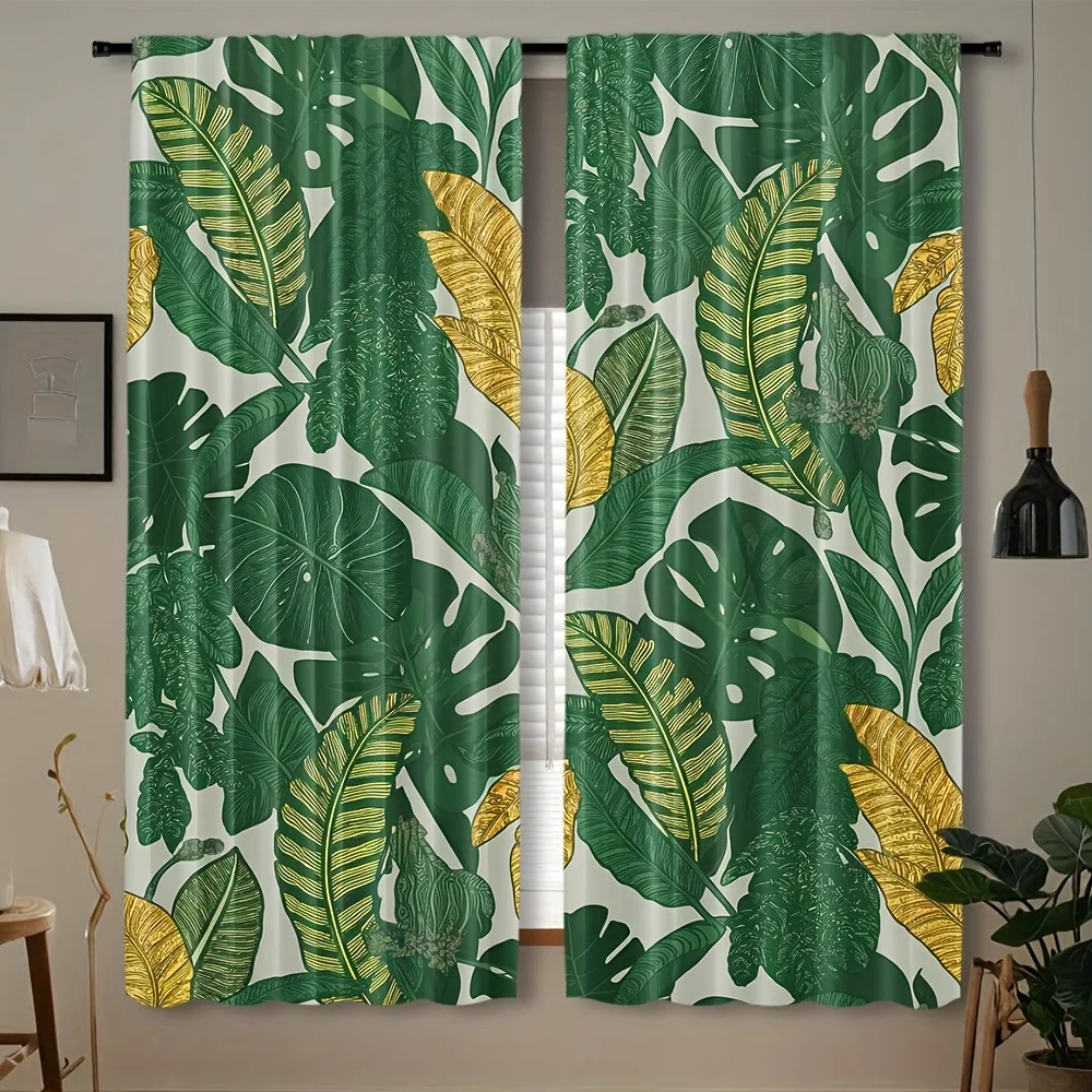 2pcs Palm Leaf Print Rod Pocket Curtains, Woven Polyester Pongee, Semi-Sheer Roller Embossed Drapes, Contemporary Style, Machine