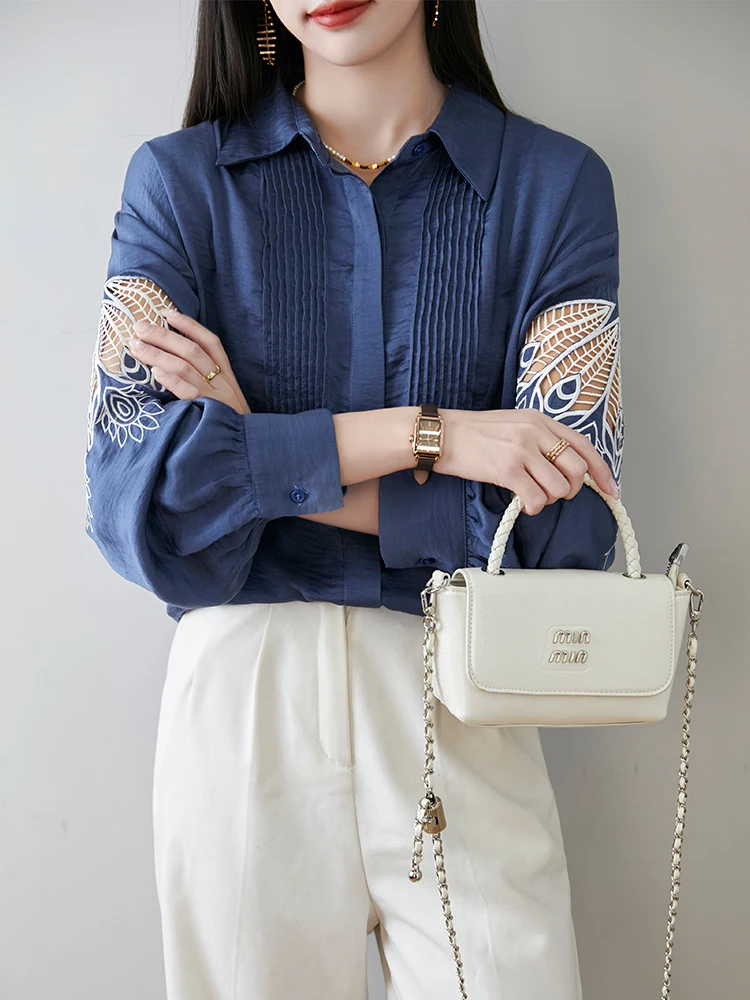 Long-sleeved Shirt for Women Blouse 2025 Spring New Versatile Loose Top Milk Silk Embroidered Temperament Polo Collar Cardigan