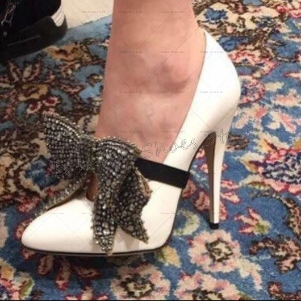 

White Crystal Bow knot Decor Pumps Matte Leather Thin High Heels High Heel Shoes for Women Heels 2025 New Zapatos Para Mujere