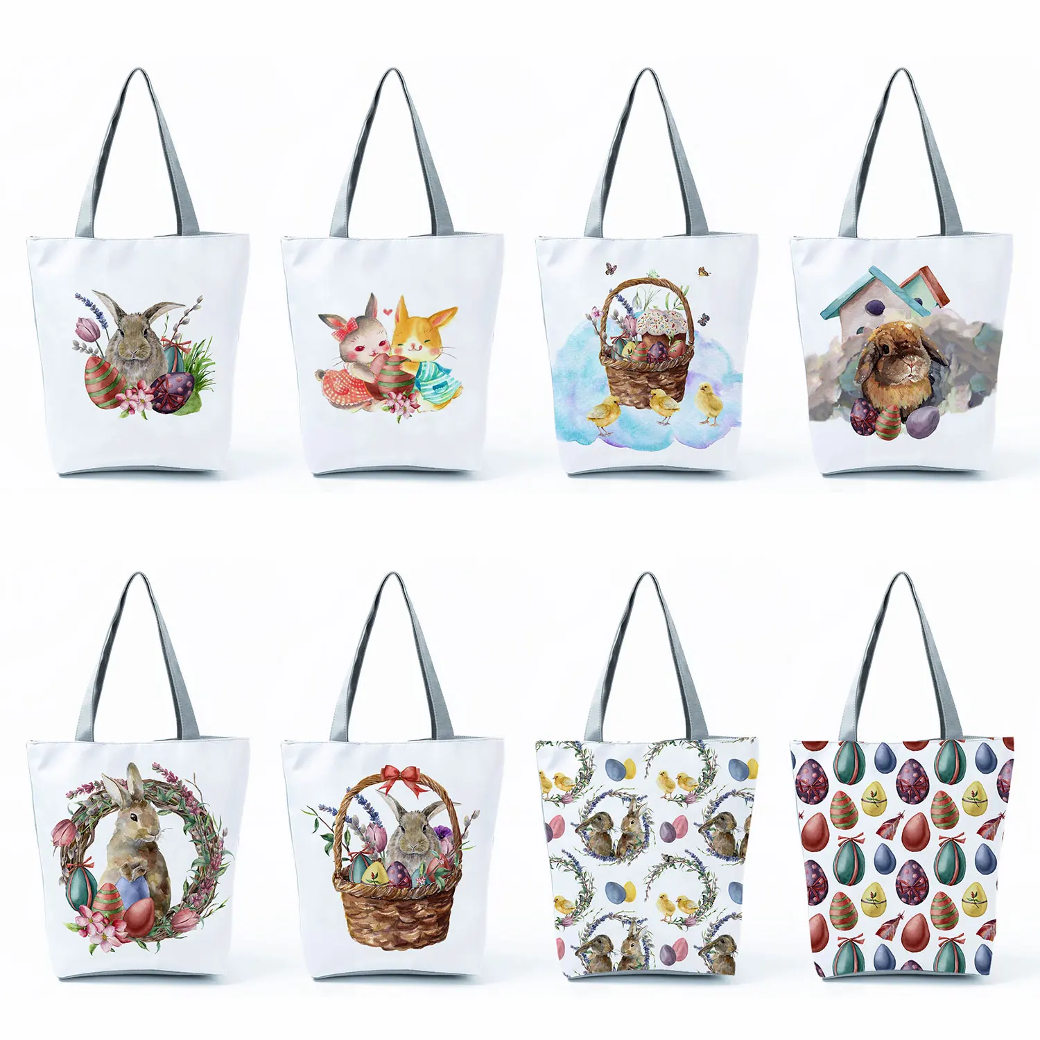 

High Capacity Women Beach Tote Foldable Shoulder Bag Cute Cartoon Rabbit Print Handbags Egg Graphic Eco Reusable Shopping Bags