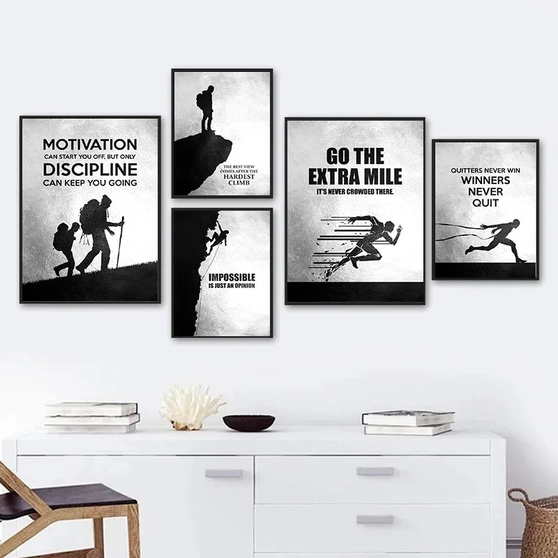 ملصقات تحفيزية للرياضة بالأبيض والأسود ، لوحة قماشية ، تسلق ، طباعة جدارية للجري ، صورة ، غرفة معيشة ، ديكور غرفة صالة ألعاب رياضية #2