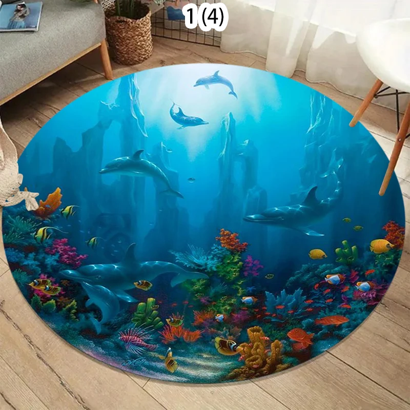 Vibrant Coral Reef Dolphin Underwater Round Area Rug Colorful Marine Pattern Non-Slip Floor Mat for Living Rooms Kids' Play Area