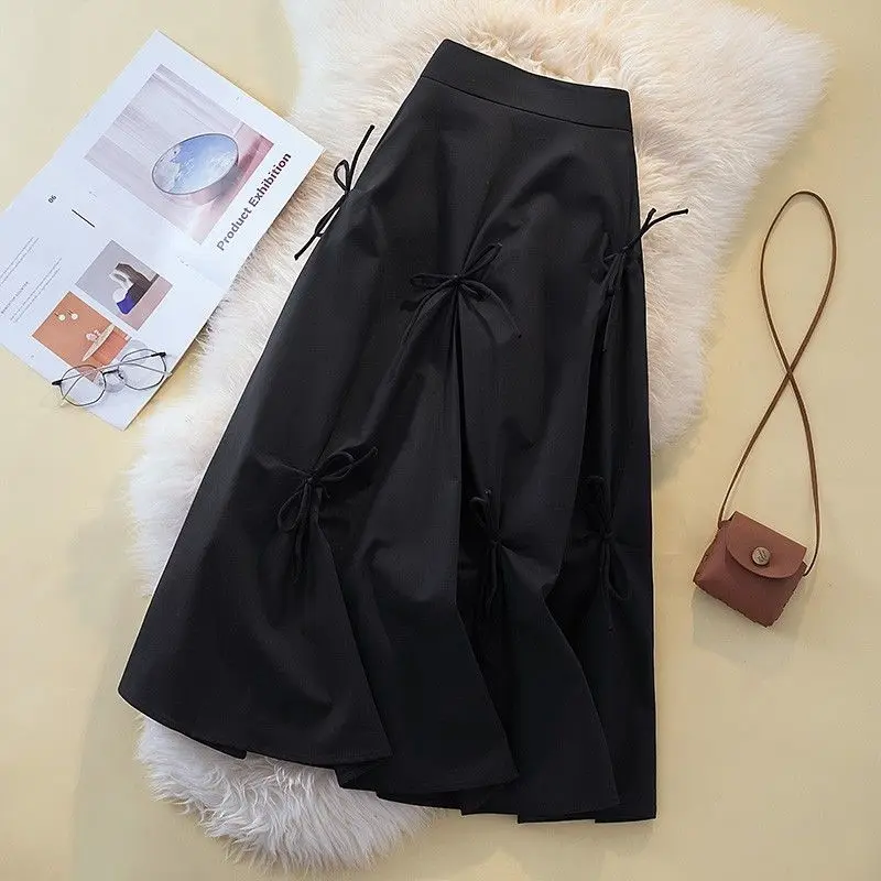 Black Bow Patchwork A-line Skirt Summer New Elastic Waist Solid Color Loose Street Casual Skirts Fashion Vintage Women Clothing