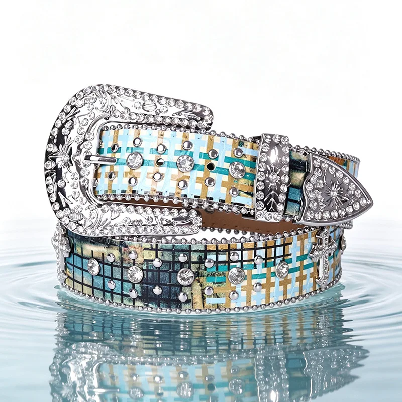 New Sparkling Western Cowboy PU Belt Rhinestone Studded Details Color Print Ornate Engraved Pin Buckle Waist Strap