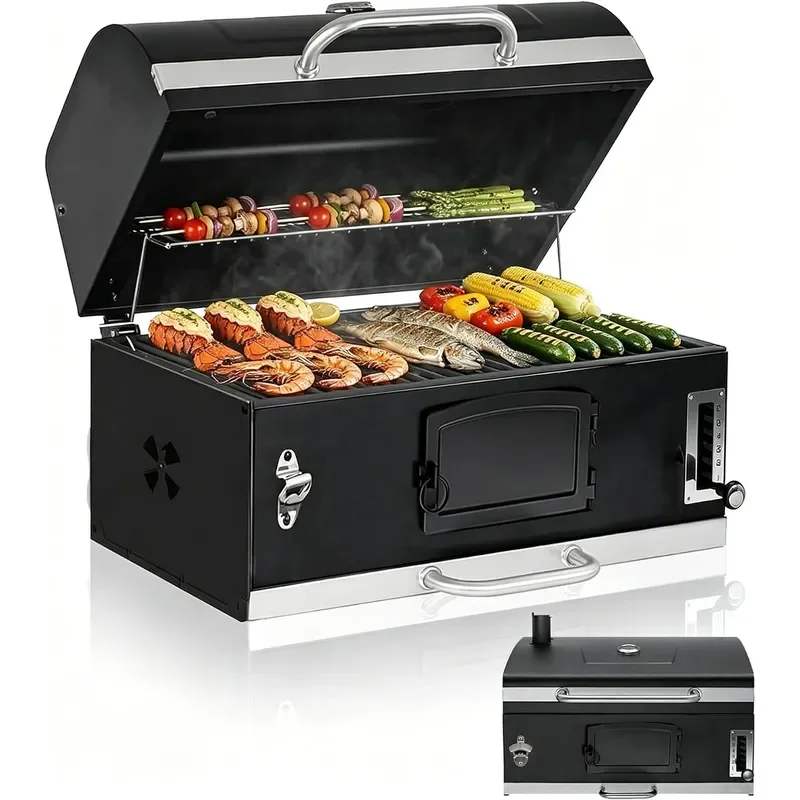 Large Built-in Barbecue Grills Charcoal BBQ Grills with Liftable Tray Insulated Hood Temp Gauge Black Stainless Steel
