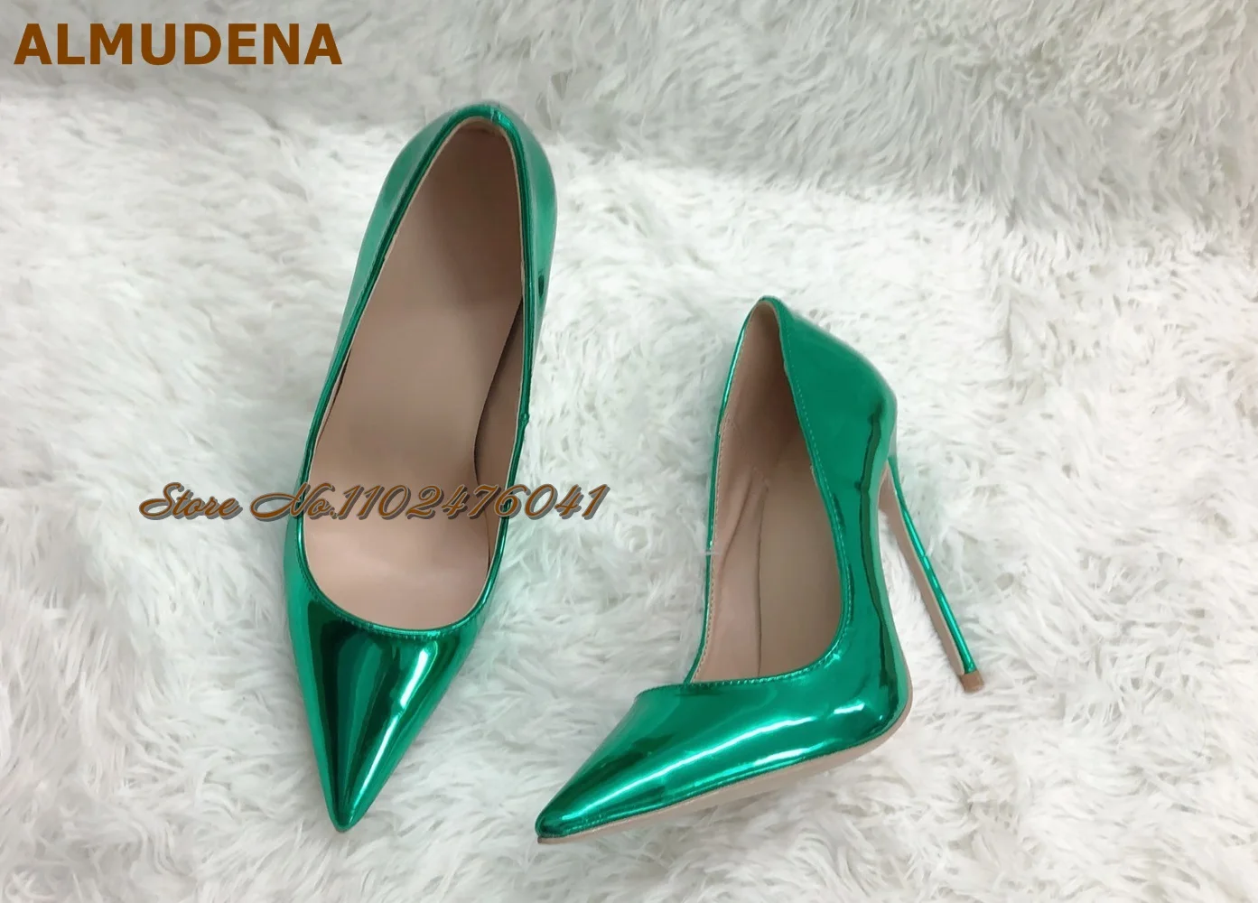 ALMUDENA Blue-green Mirrow Leather Pointed Toe Shoes 12cm Thin High Heels Pointed Toe Shallow Dress Pumps Luxury Bride Footwear