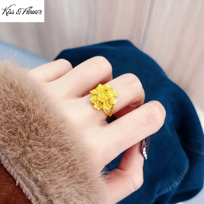 

KISS&FLOWER 24KT Gold Vintage Flower Rings For Women Wedding Party Birthday Christmas Bride Mother Girlfriend Ladies Gifts RI259