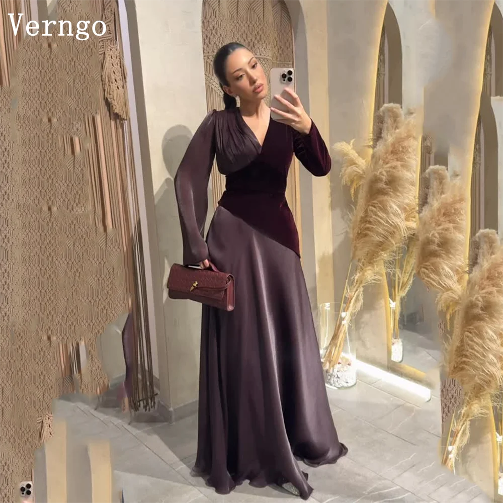 

Verngo Brown Velvet V Neck Evening Dress Full Sleeves A Line Maxi Formal Occasion Dress Elegant Arabia Prom Gown Customized