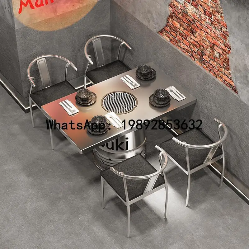 XL  Stainless Steel Barrel Induction Cooker Table Hot Pot Table and Chair Smokeless Commercial All-in-One New Model BBQ Special