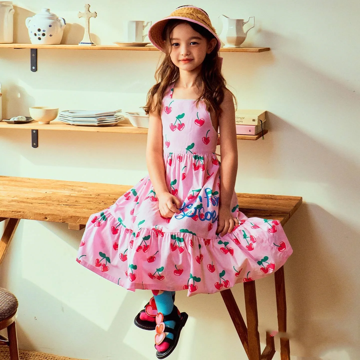 

Girls' Dress 2024 Summer Girls Korean Version Cherry Print Maxi Dress Children's Seaside Resort Sundress KId