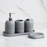 5Pcs Bathroom Accessories set Lotion Dispenser Toothbrush Holder Tray Tumbler Cup Soap Dish Beige and Grey 8