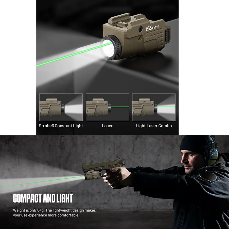 EZshoot Flashlight Pistol Light Green Laser Combo Rechargeable with Slidable Rail Compatible with G-lock and Picatinny Hunting