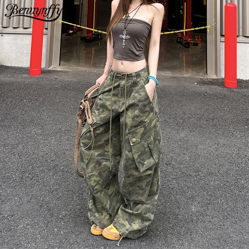 

Benuynffy Camouflage Print Drawstring Cargo Denim Pants Women's American Retro Y2k Streetwear Casual Baggy Wide-leg Trousers