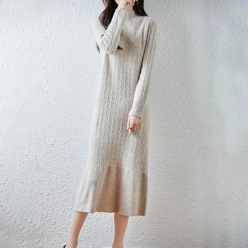 100% Wool Women's Long Dress, Mock Neck Cable Knit Flared Hem Solid Color Dress, Autumn Winter Slim Woolen Maxi Dress