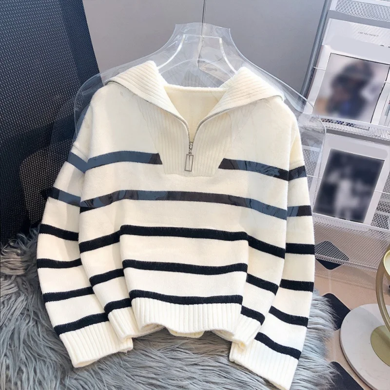 Women\'s Striped Sweaters Long Sleeves Knitted Casual Pullovers Loose Shirt Tops Fall Winter