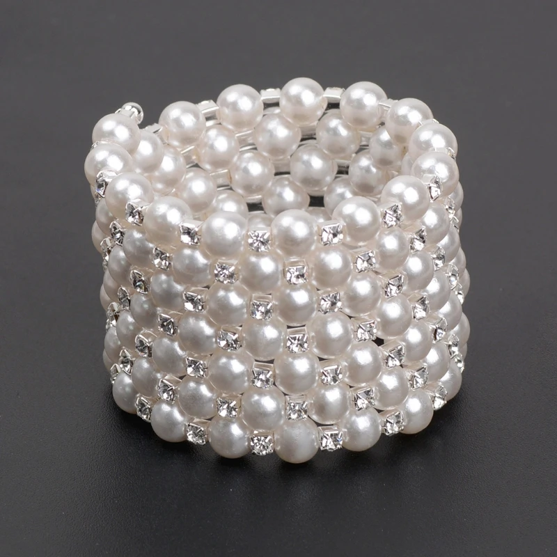 Wide Statement Beaded Bracelets&Bangles for Women Rhinestones Pearl Adjustable Wristband Cuff Wedding Jewelry