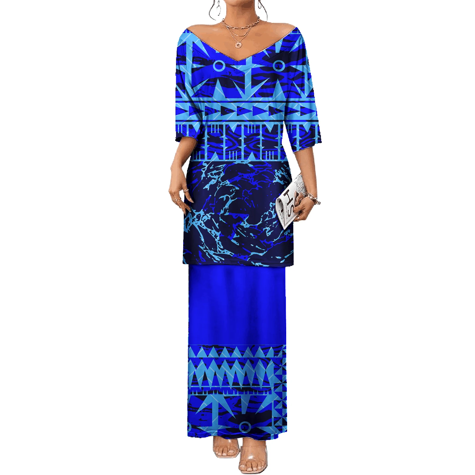 Asia & Pacific Island Clothing V-neck Tops And Skirts 2 Pcs Dress Set Plus Size Elegant Polynesian Women Dresses Puletasi Samoa