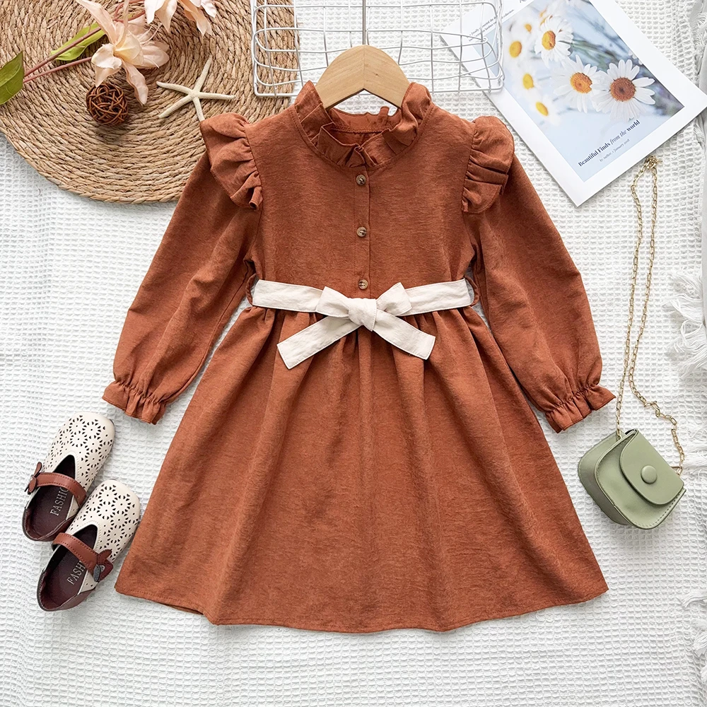 

Autumn Fashion New Long Sleeve Strap Dress Plain Button Decoration Girls Casual Dresses Spring Simplicity Children's Clothing