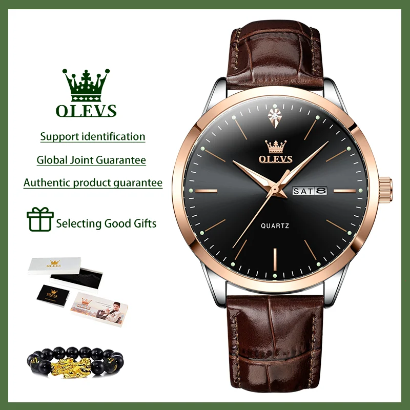 OLEVS Original Brand Business Men's Watches Leather Strap Waterproof Luminous Quartz Watch Simplicity Dual Calendar Bar Scale