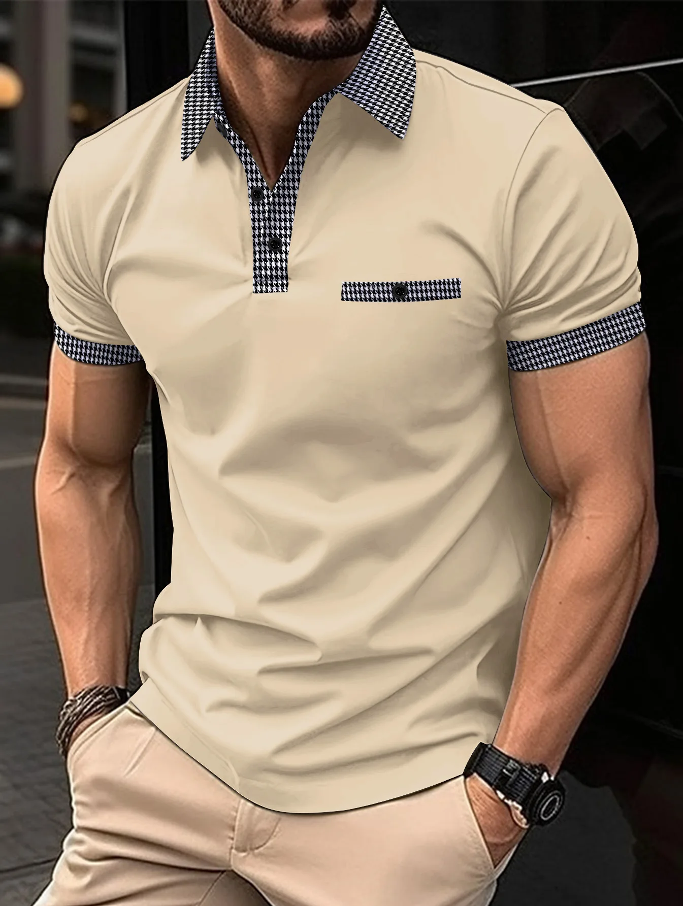 Men's short-sleeved POLO shirt, high-end bird-check lapel fashion pocket casual slim-fit sports polo shirt designer T-shirt