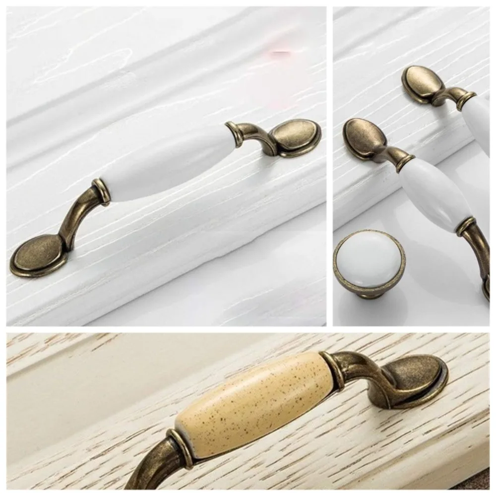 Antique Bronze Ceramic White Zinc Alloy Wardrobe Door Handle European Style Furniture Hardware Cabinet Drawer Knob for Home