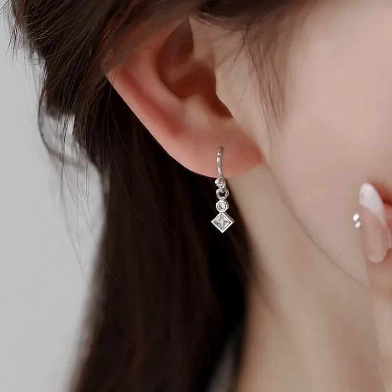 

925 Sterling Silver Geometric Chic Square Zircon Curved Hook Stud Earring for Women Fine Jewelry High Luxury Vintage Accessories
