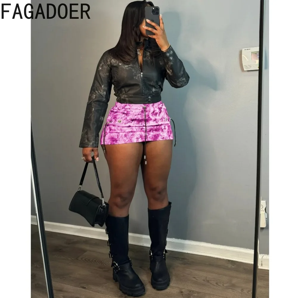 FAGADOER Summer New Tie Dye Printing Drawstring Ruched Mini Skirts Women High Waisted Button Skirts Female Slim Streetwear 2024